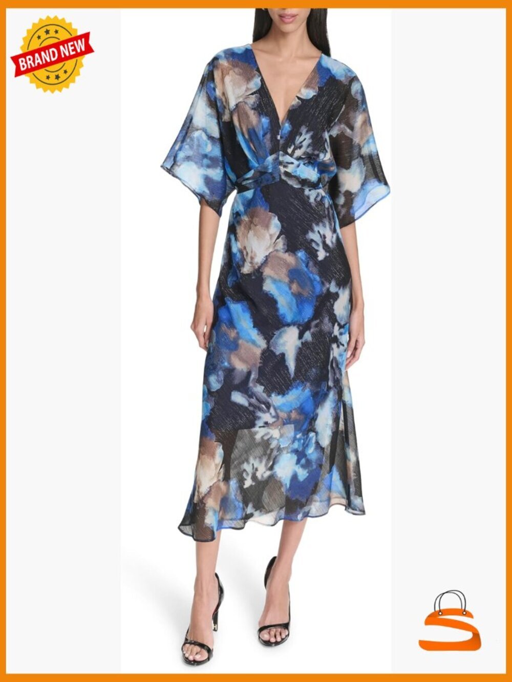 Printed Kimono Sleeve V-Neck Maxi Dress with Zipper Back, 3/4 Sleeve, Hand Wash